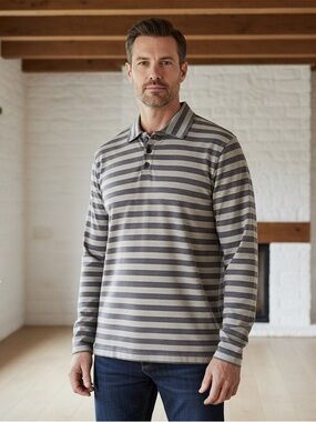 Lucky Brand Men's Long Sleeve Sueded Jersey With Dark & Light Gray Stripes